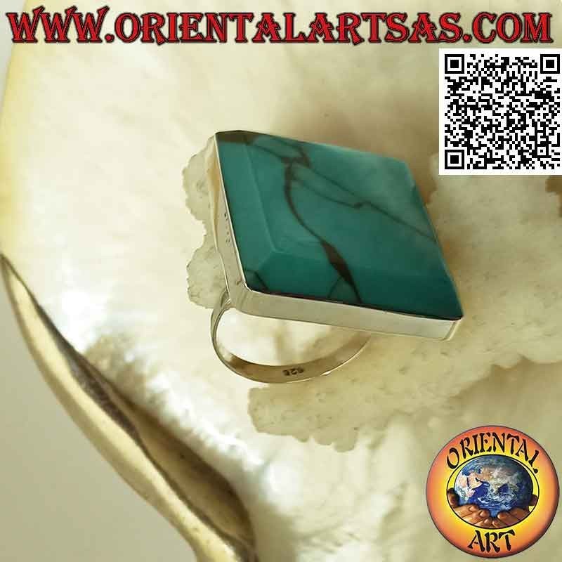 Anello in argento con turchese quadrato a filo bordo liscio (regolabile)