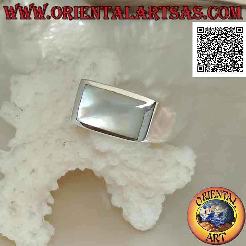 Silver ring with horizontal rectangular mother-of-pearl flush with the edge on a smooth frame
