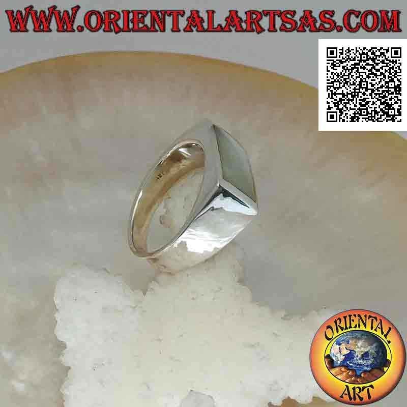 Silver ring with horizontal rectangular mother-of-pearl flush with the edge on a smooth frame