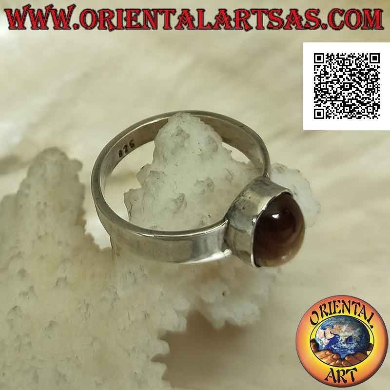Bague en argent avec oeil de tigre ovale cabochon sur monture lisse