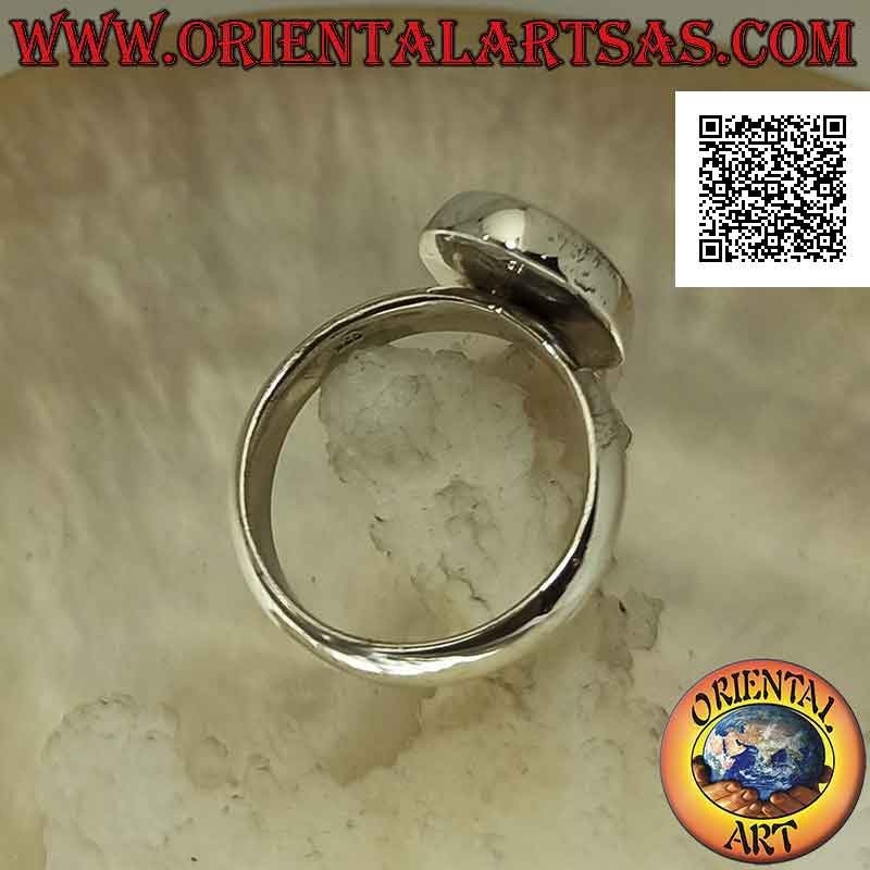 Silver ring with flat oval mother of pearl flush with the edge on a smooth band
