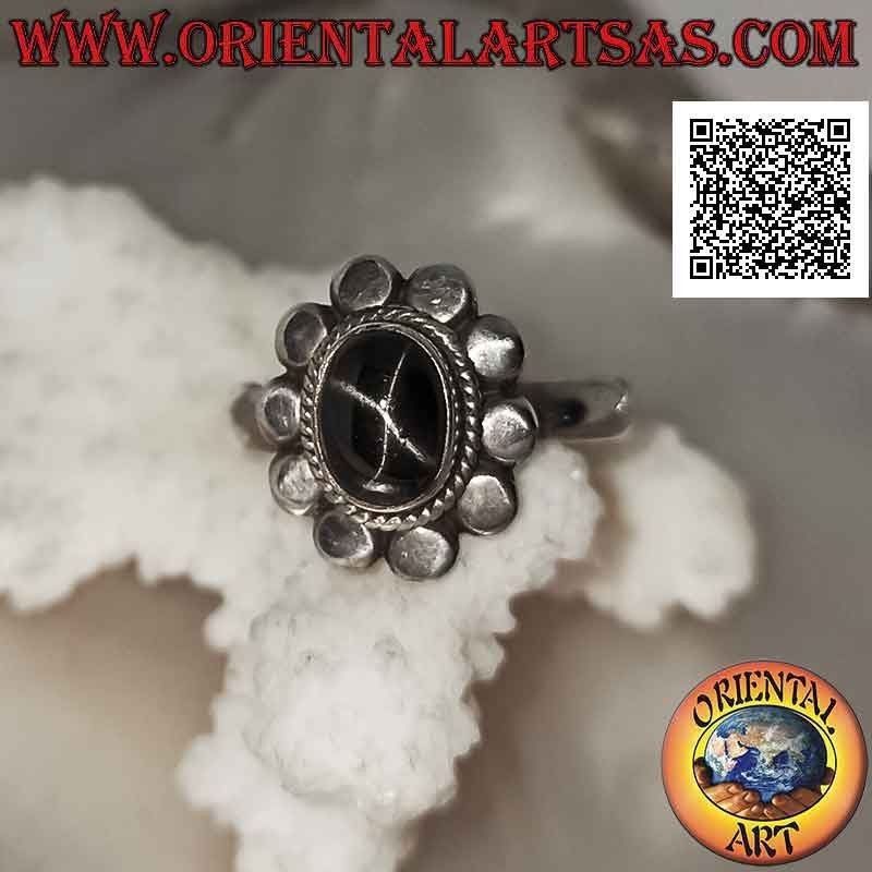 Bague Argent Black Star Ovale Cabochon Entrelacs Clous