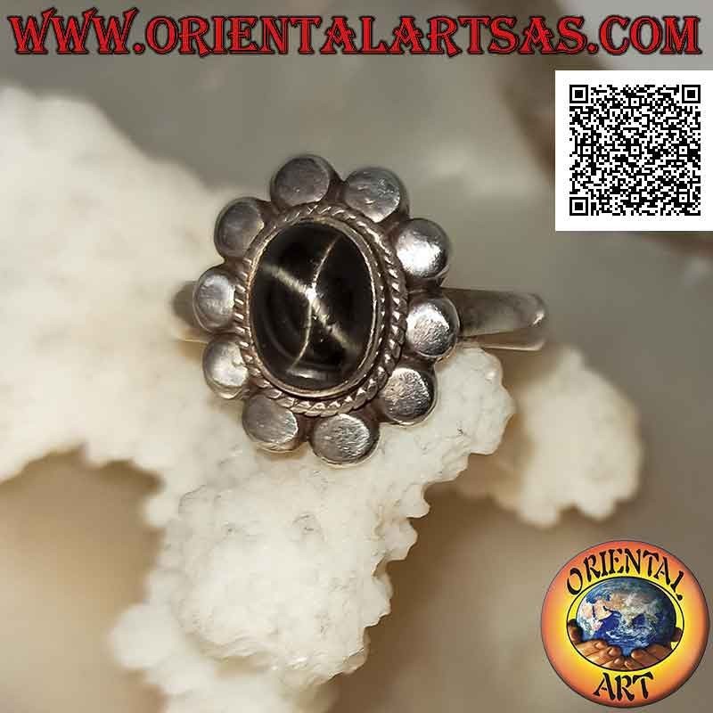 925 Silberring Black Star Oval Cabochon Geflecht Noppen