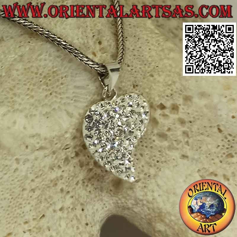 Ciondolo in argento, cuore con punta allungata tempestato di micro-strass bianchi