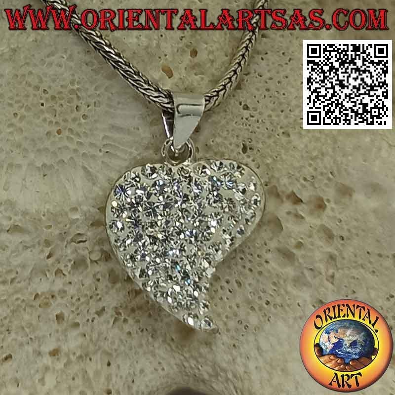 Silver pendant, heart with elongated tip studded with white micro-rhinestones