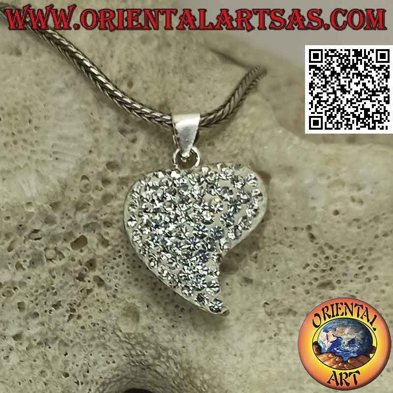 Colgante de plata, corazón con punta alargada tachonado de micro pedrería blanca