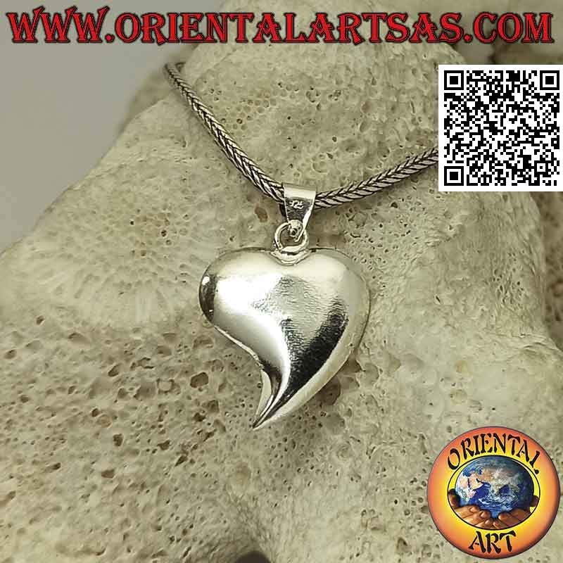 Silver pendant, heart with elongated tip studded with white micro-rhinestones