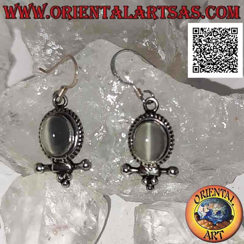 Silver earrings with cabochon oval moonstone surrounded by interweaving and stick with balls underneath