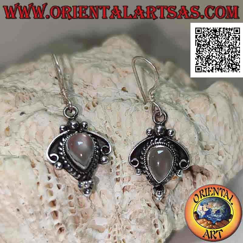 Silver earrings with inverted drop moonstone and interweaving decorations, bow and balls
