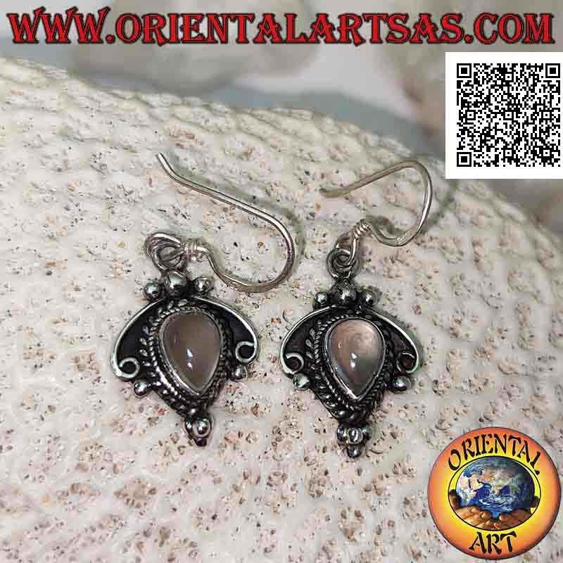 Boucles d'oreilles en argent avec pierre de lune goutte inversée et décorations entrelacées, noeud et boules