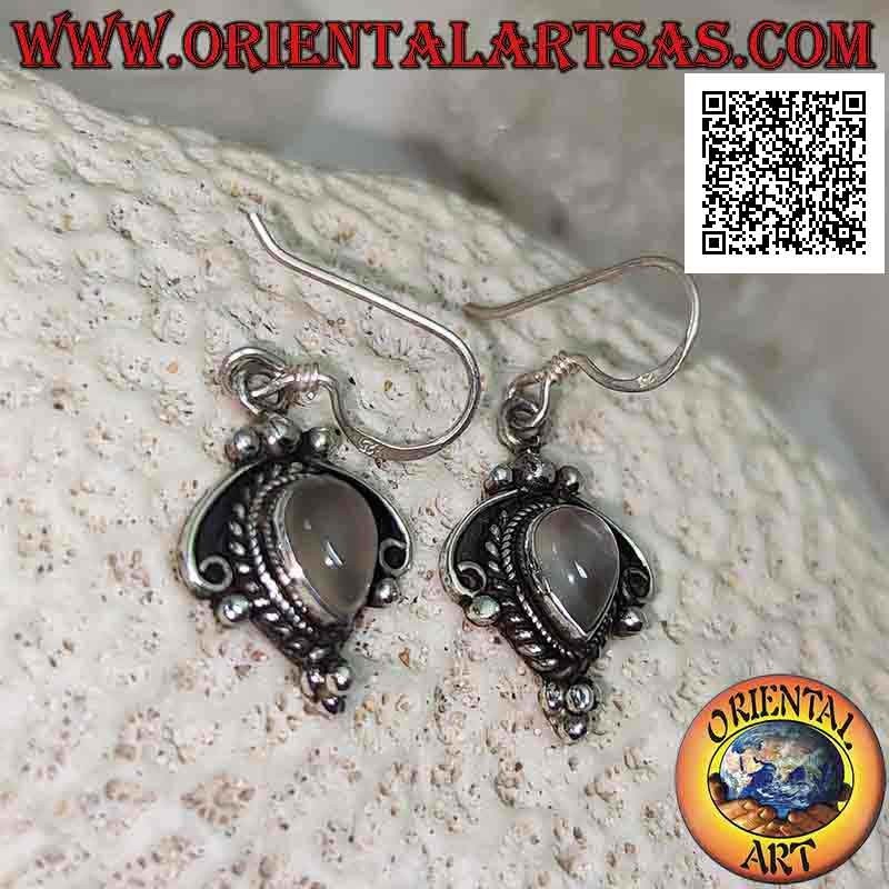 Boucles d'oreilles en argent avec pierre de lune goutte inversée et décorations entrelacées, noeud et boules