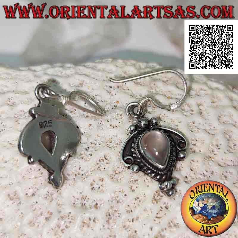 Orecchini in argento con pietra di luna a goccia rovesciata e decorazioni di intreccio, arco e palline