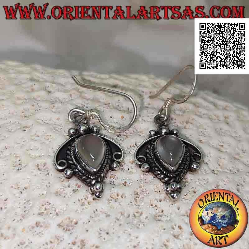 Boucles d'oreilles en argent avec pierre de lune goutte inversée et décorations entrelacées, noeud et boules