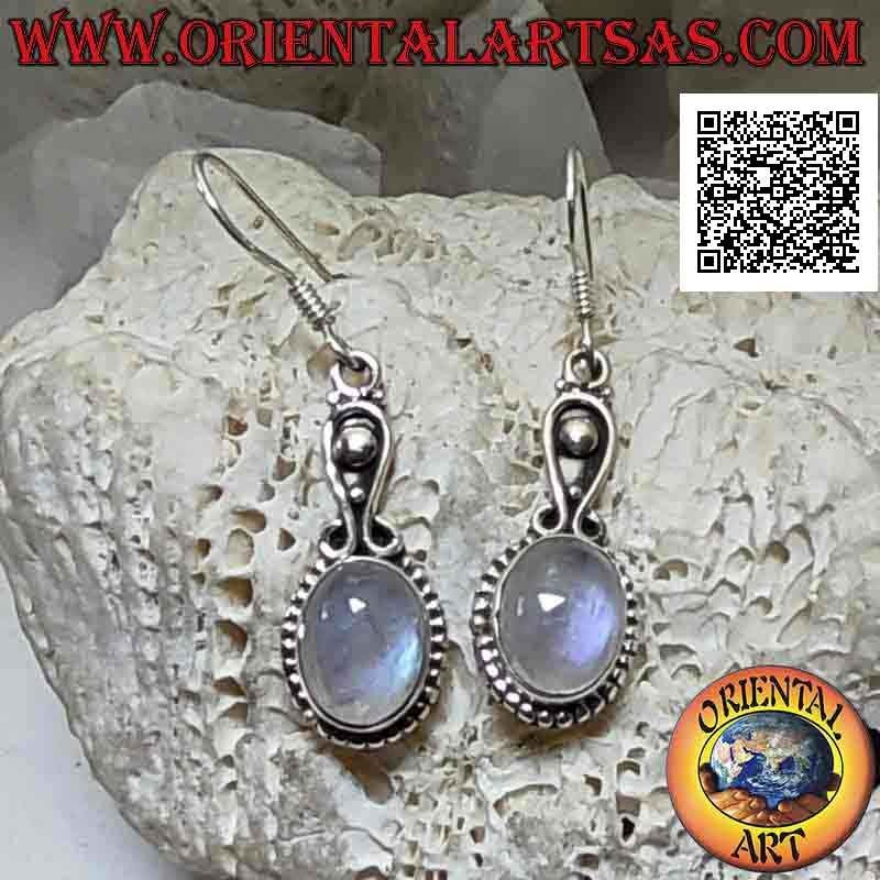 Silver earrings with cabochon oval rainbow moonstone surrounded by balls