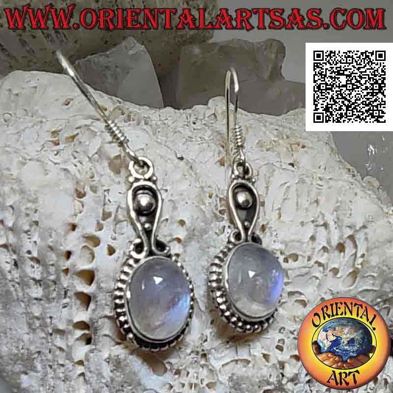 Silver earrings with cabochon oval rainbow moonstone surrounded by balls