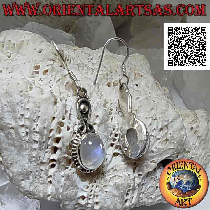 Silver earrings with cabochon oval rainbow moonstone surrounded by balls