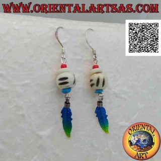 Silver earrings with white bead engraved between turquoise and coral bead and colored feather pendant