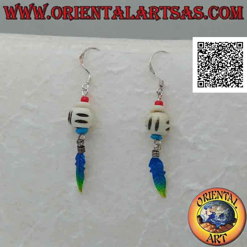 Silver earrings with white bead engraved between turquoise and coral bead and colored feather pendant
