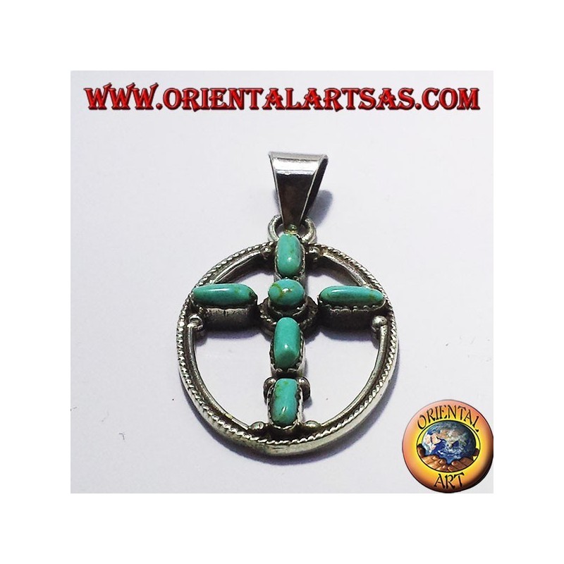 argent croix pendentif avec six turquoise