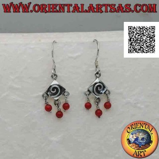 Silver leverback earrings, rhombus with engraved spiral and three dangling coral beads