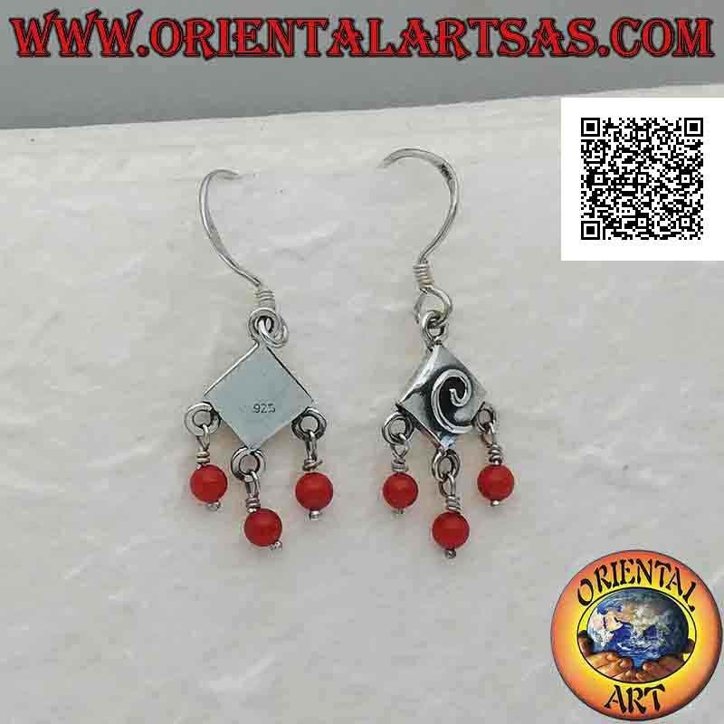 Silver leverback earrings, rhombus with engraved spiral and three dangling coral beads