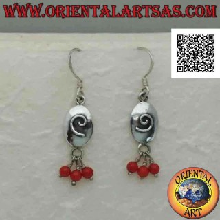 Silver leverback earrings, oval with embossed spiral and three dangling coral beads