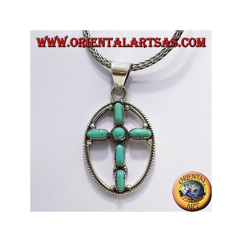 silver pendant cross with six turquoise