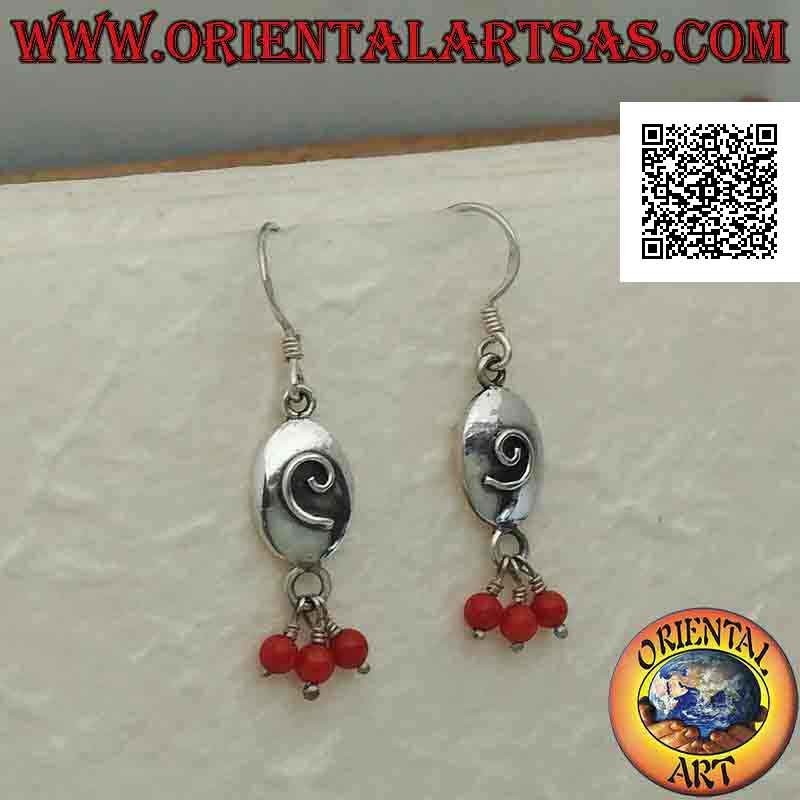 Silver leverback earrings, oval with embossed spiral and three dangling coral beads