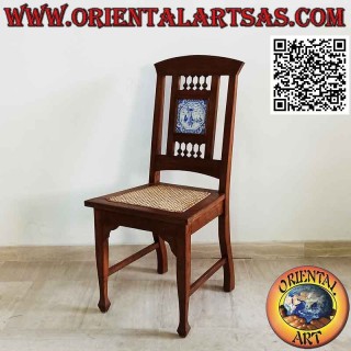 Colonial style chair with Dutch porcelain, in teak wood