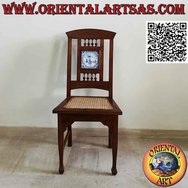 Colonial style chair with Dutch porcelain, in teak wood