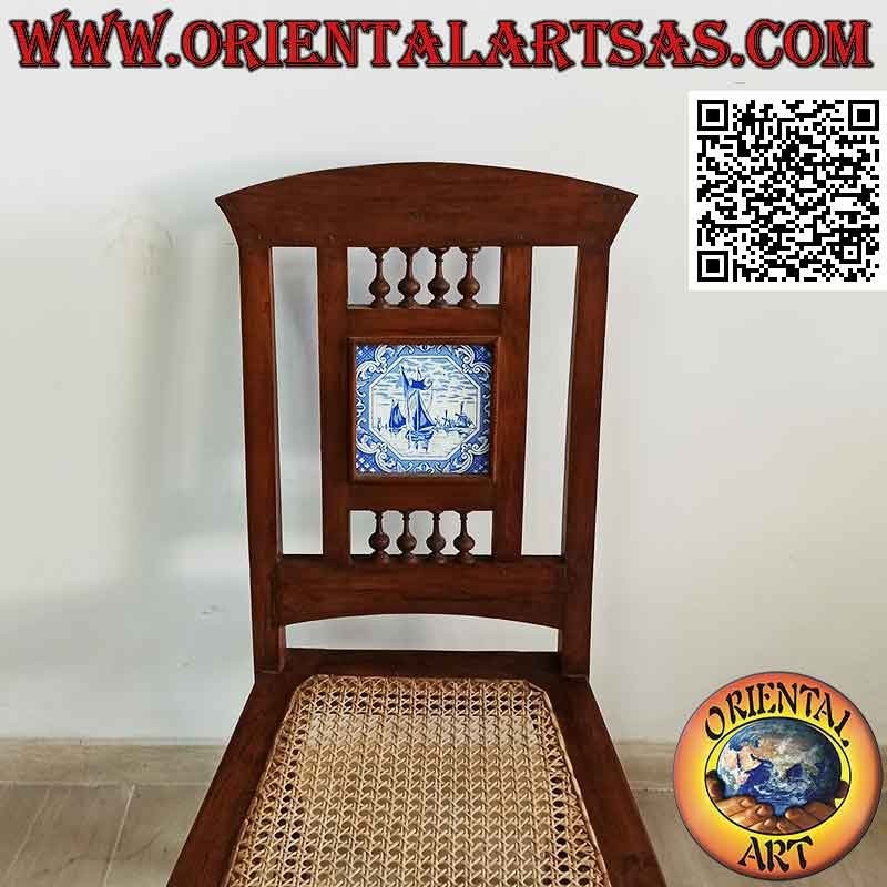 Colonial style chair with Dutch porcelain, in teak wood