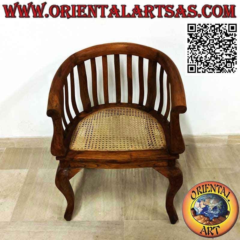 Fauteuil moderne "rond" en bois de teck et assise en paille de Vienne