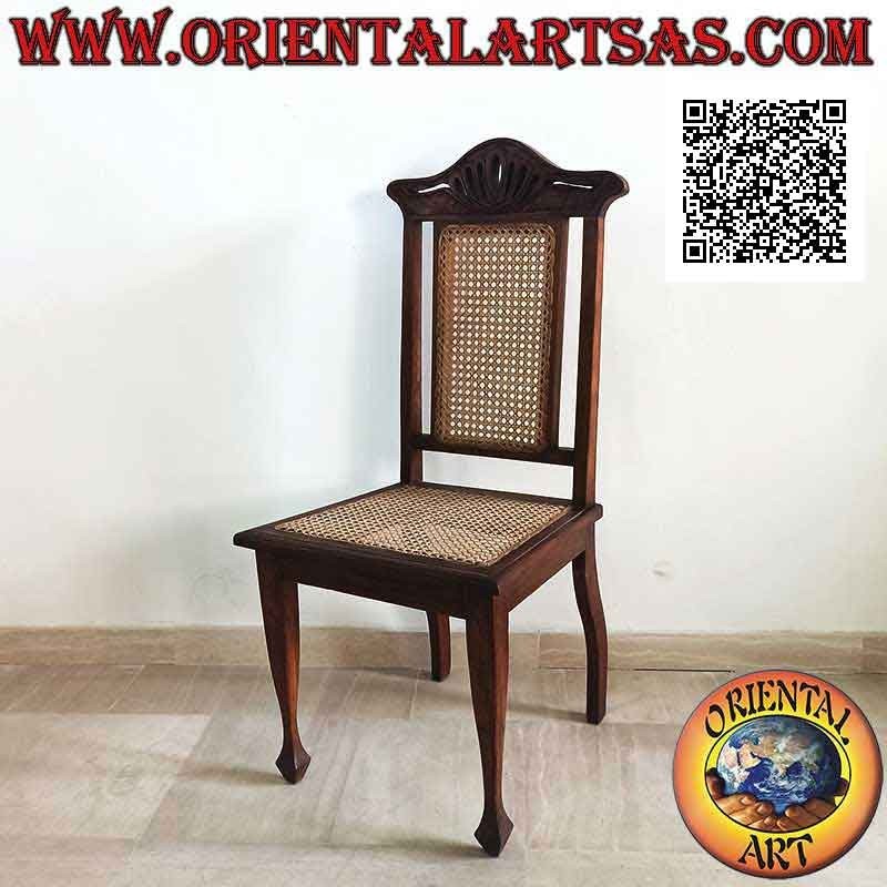 Sedia in stile coloniale con fiore di loto, in legno di teak e seduta e schienale in paglia di Vienna