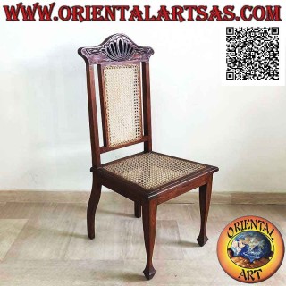 Silla de estilo colonial con flor de loto, en madera de teca y asiento y respaldo de paja de Viena