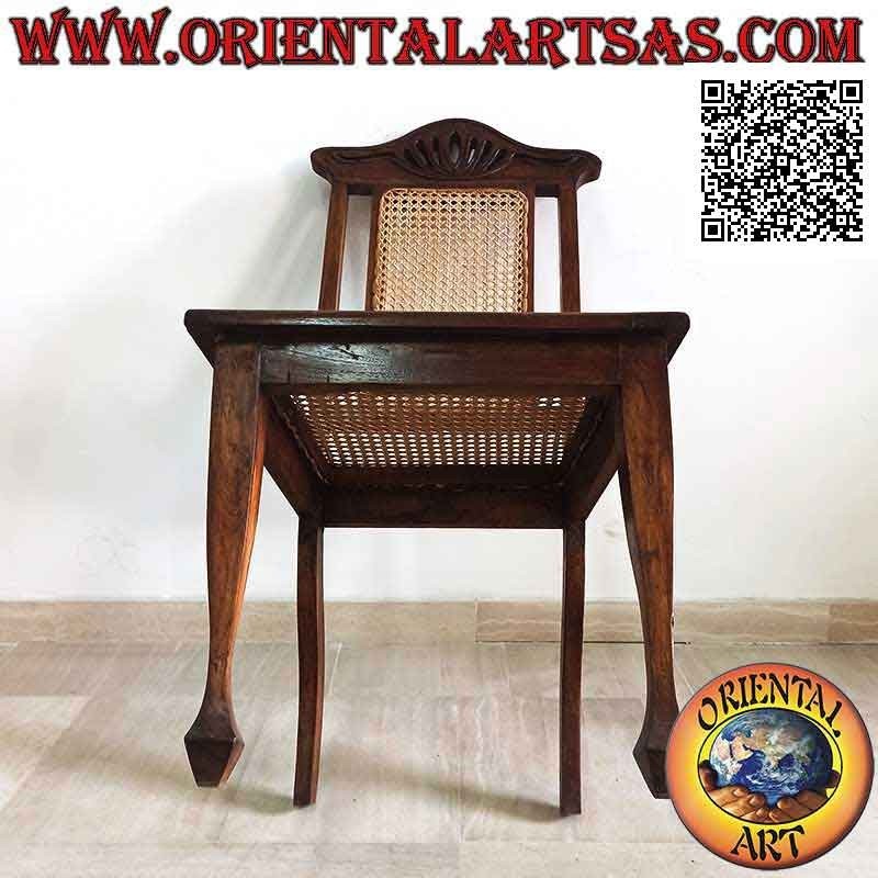 Colonial style chair with lotus flower, in teak wood and Vienna straw seat and back