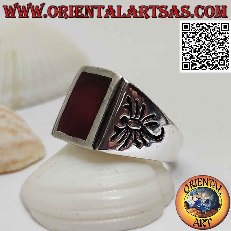Silver ring with rectangular flush carnelian and scorpion engraved on the sides