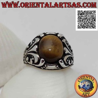 Silberring mit ovalem Cabochon-Tigerauge, besetzt mit Blumendekor und Lilie an den Seiten