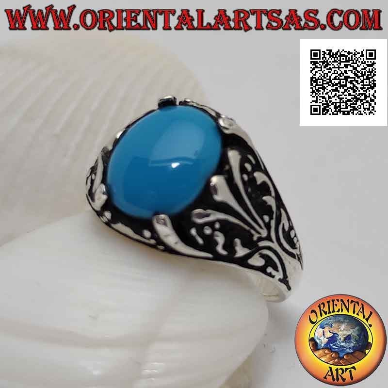 Silberring mit ovalem Cabochon-Türkis, besetzt mit Blumendekor und Lilie an den Seiten