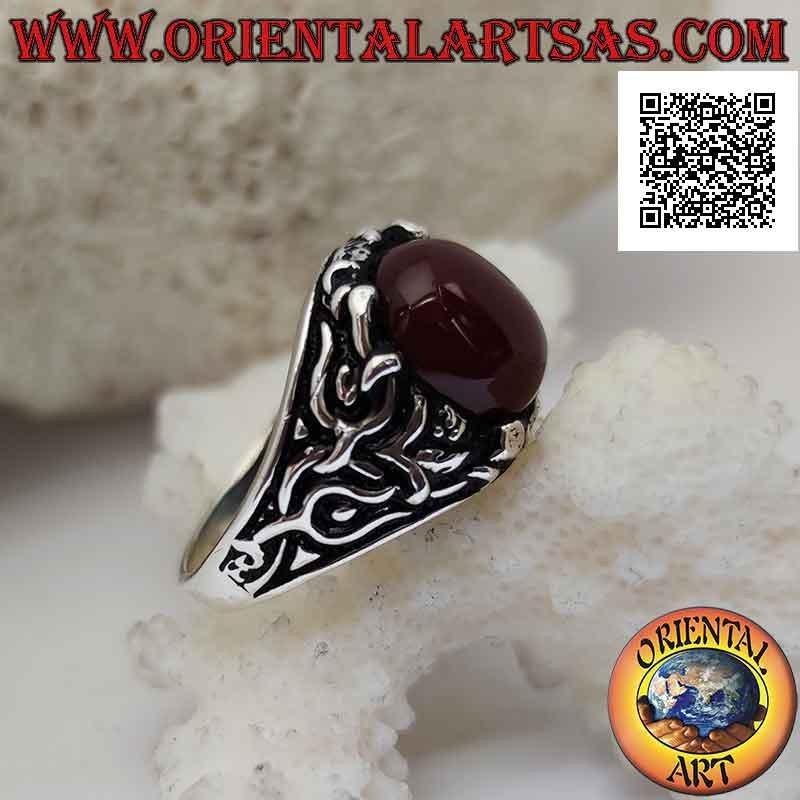 Silberring mit ovalem Cabochon-Karneol-Set mit Blumendekor an den Seiten