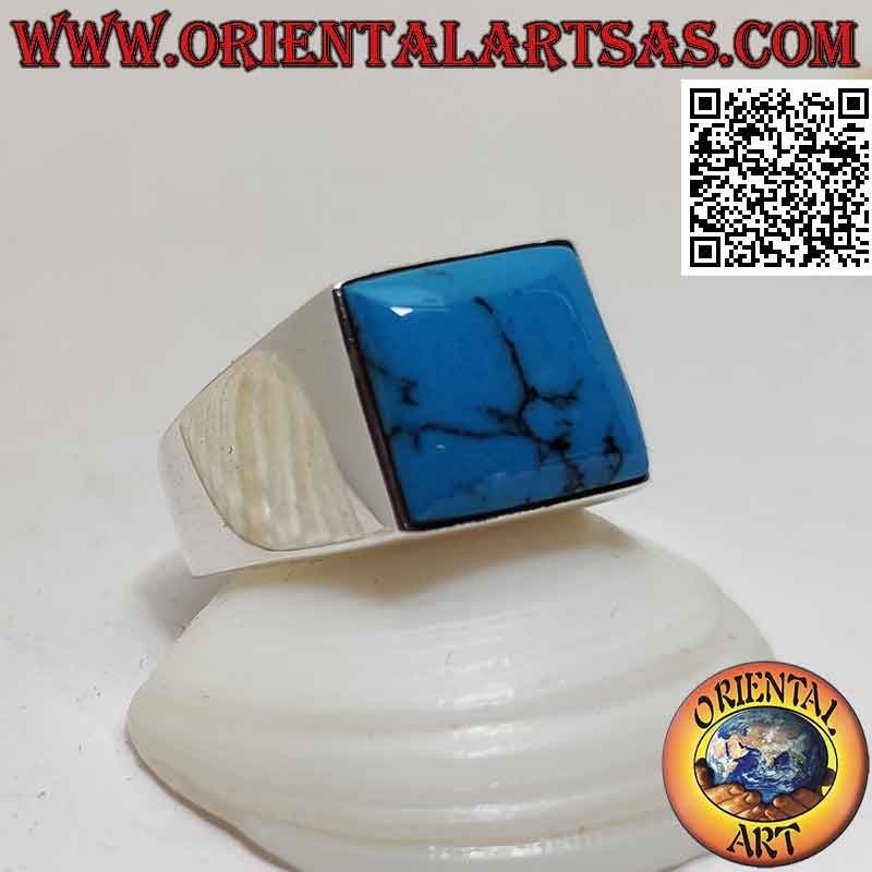 Bague en argent avec cabochon carré turquoise sur monture lisse