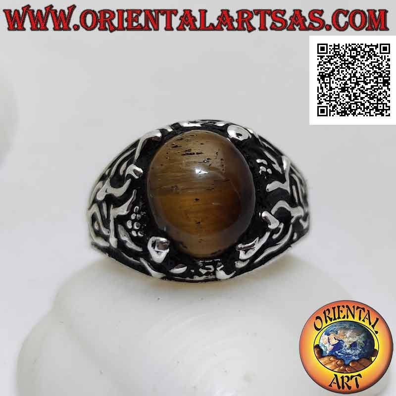 Bague en argent avec oeil de tigre ovale cabochon serti d'un décor floral sur les côtés