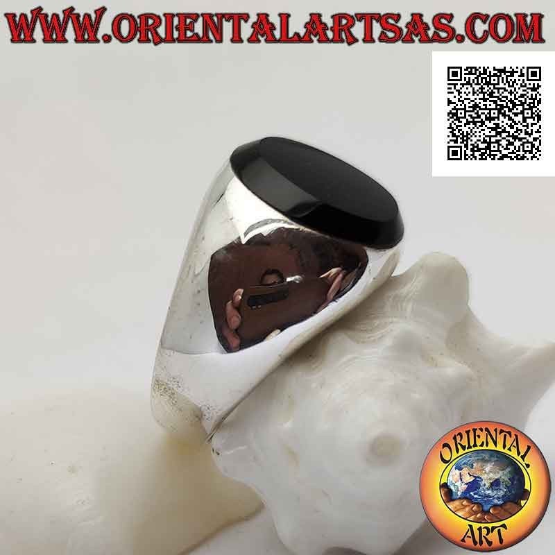 Glatter konvexer Silberring mit erhabenem flachem ovalem Onyx mit doppelt hervorstehender Kante