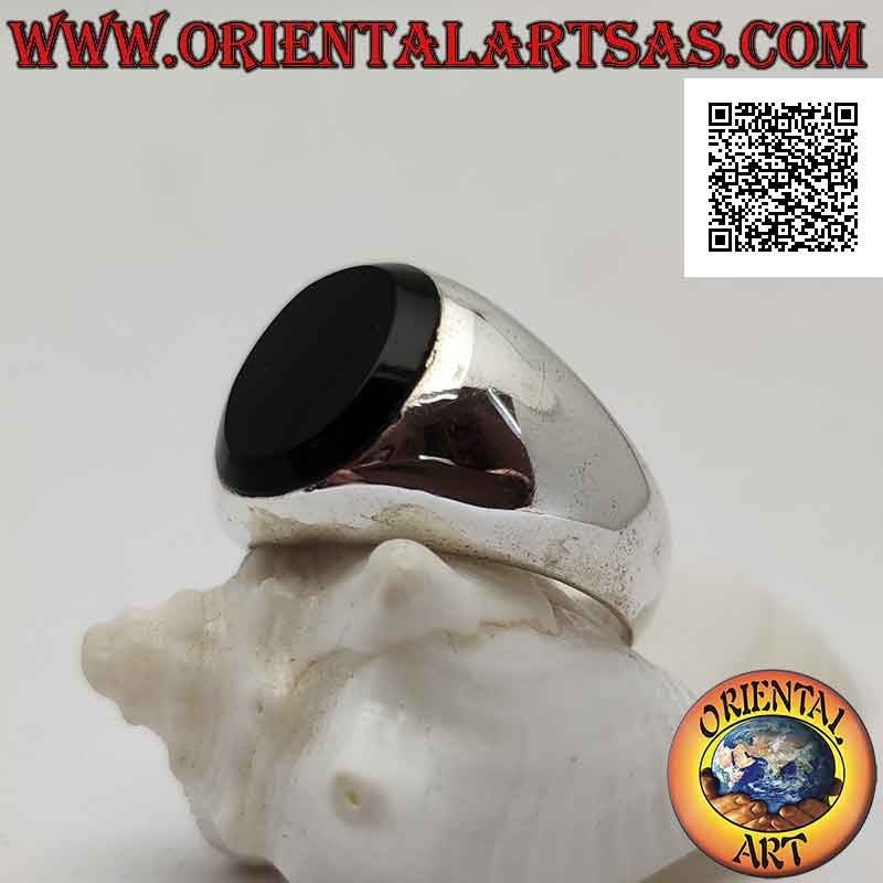 Glatter konvexer Silberring mit erhabenem flachem ovalem Onyx mit doppelt hervorstehender Kante