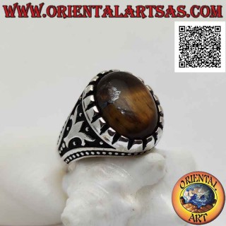 Bague en argent avec oeil de tigre ovale cabochon et arbre et boules en bas-relief sur les côtés