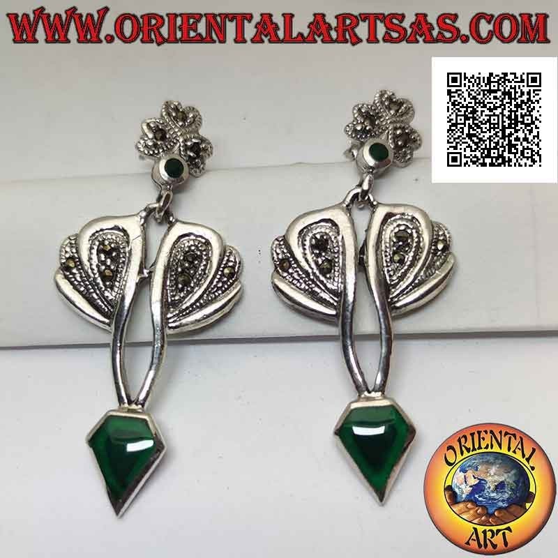 Boucles d'oreilles en argent avec agate verte en forme de diamant et monture en marcassite