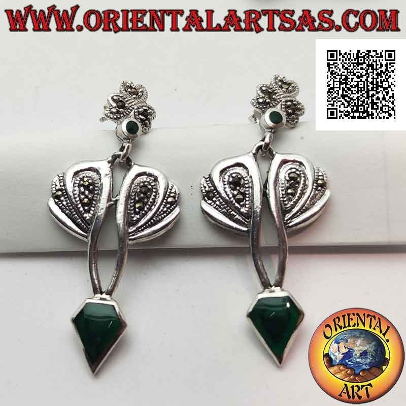 Pendientes de plata con ágata verde en forma de diamante y montura con marcasita