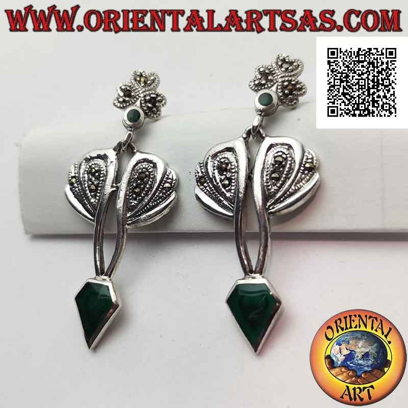 Pendientes de plata con ágata verde en forma de diamante y montura con marcasita