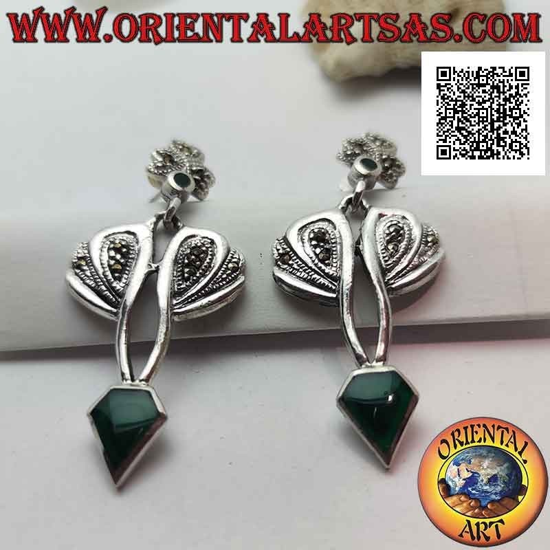 Boucles d'oreilles en argent avec agate verte en forme de diamant et monture en marcassite