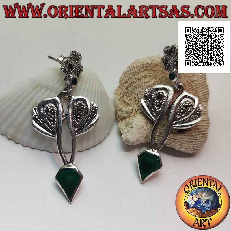 Orecchini in argento con agata verde a forma di diamante e montatura con marcassite