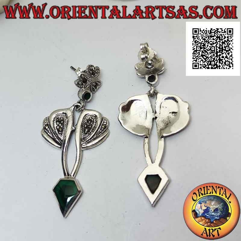 Silver earrings with green agate in the shape of a diamond and mounting with marcasite